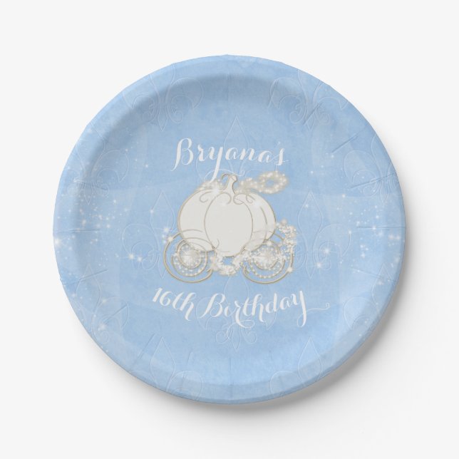 Blue Sparkle Carriage Elegant Cinderella Party Paper Plate (Front)