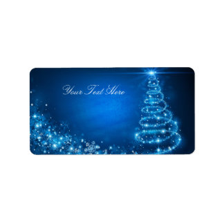 Blue Sparkle Christmas Tree Address Label