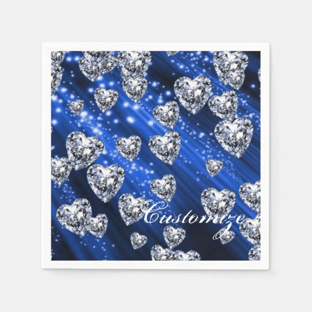 Blue Sparkle Diamond Hearts Napkins (Front)