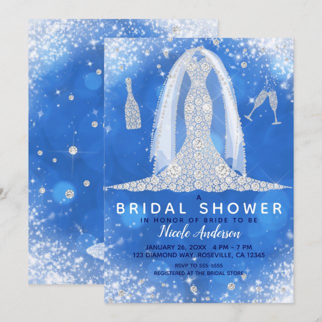 Blue Sparkle Diamond Wedding Dress Bridal Shower Invitation (Front/Back)