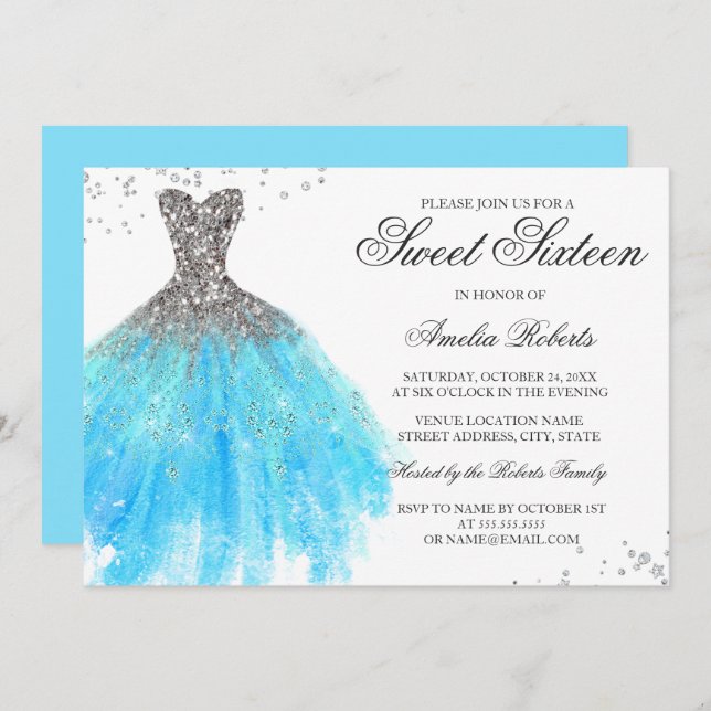Blue Sparkle Dress Sweet Sixteen Invitation (Front/Back)