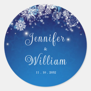 Blue Sparkle Falling Snowflakes Wedding Classic Round Sticker