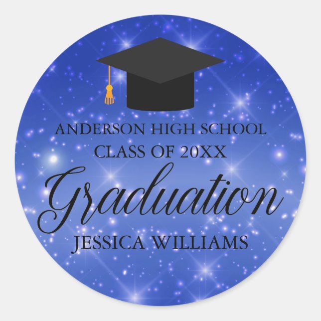Blue Sparkle Graduate Custom Graduation Party Classic Round Sticker (Front)