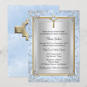 Blue Sparkle Jewel Baptism Christening Gold Invitation