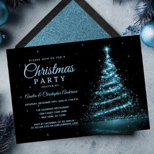 Blue Sparkle Light Tree Christmas Party Invitation