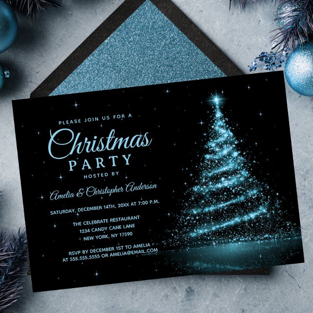 Blue Sparkle Light Tree Christmas Party Invitation (Creator Uploaded)