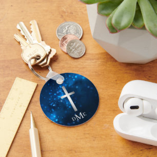 Blue Sparkle Lights Silver Cross Monogram  Key Ring