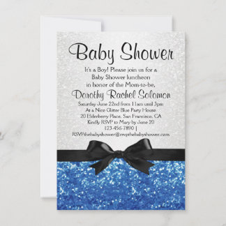Blue Sparkle-look Bow Boy's Baby Shower Invitation
