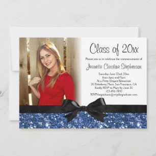 Blue Sparkle-look Ribbon Bow Photo Graduation Invitation