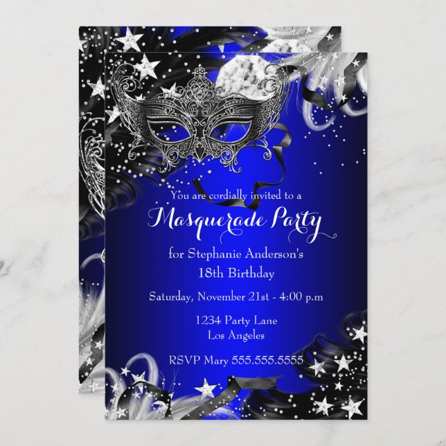 Blue Sparkle Magical Night Masquerade Party Invite (Front/Back)