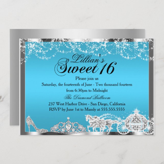 Blue Sparkle Princess Theme Sweet 16 Invite (Front/Back)