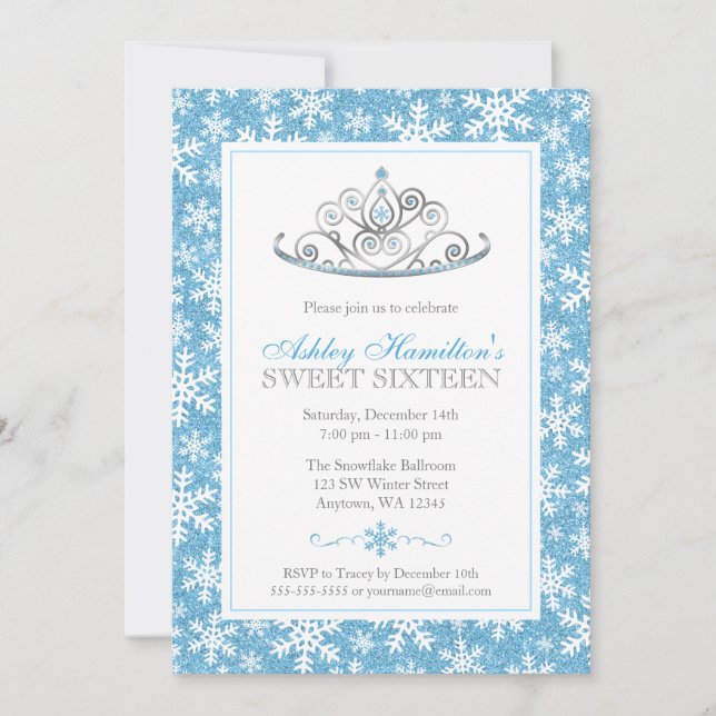 Blue Sparkle Princess Winter Wonderland Sweet 16 Invitation (Front)