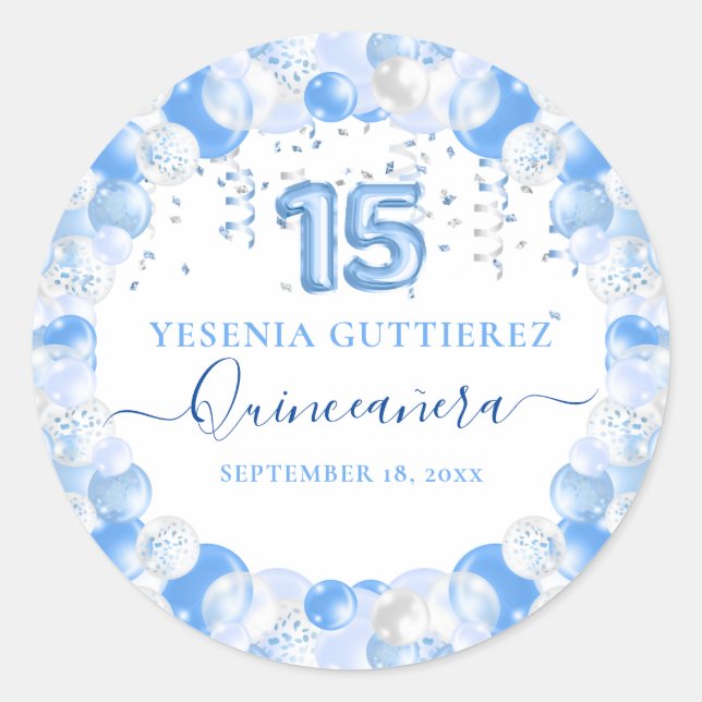 Blue Sparkle Quinceañera Balloon Classic Round Sticker (Front)