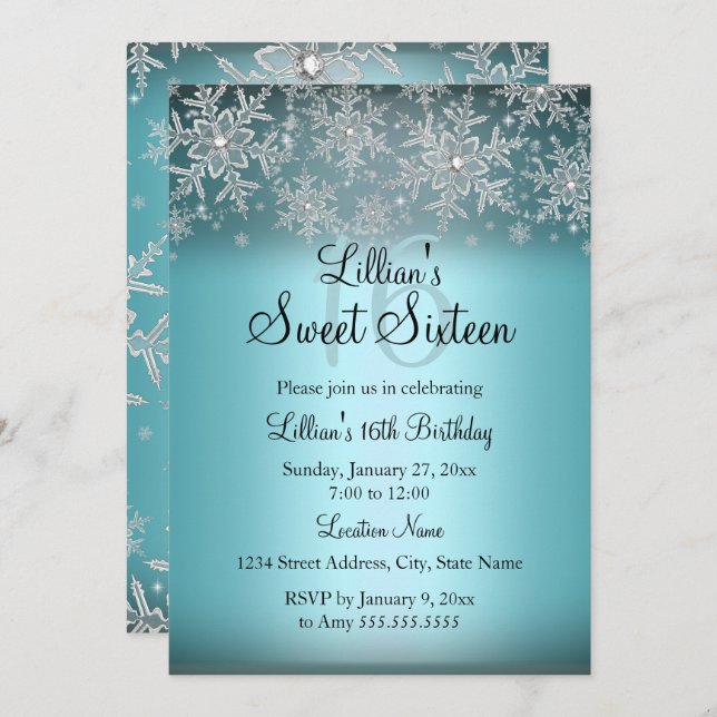 Blue Sparkle Snowflake Sweet 16 Invitation (Front/Back)