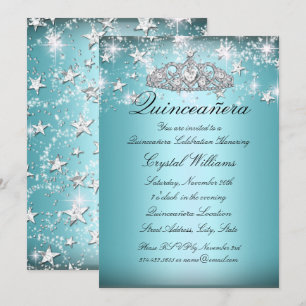 Blue Sparkle Tiara Stars Quinceanera Invite