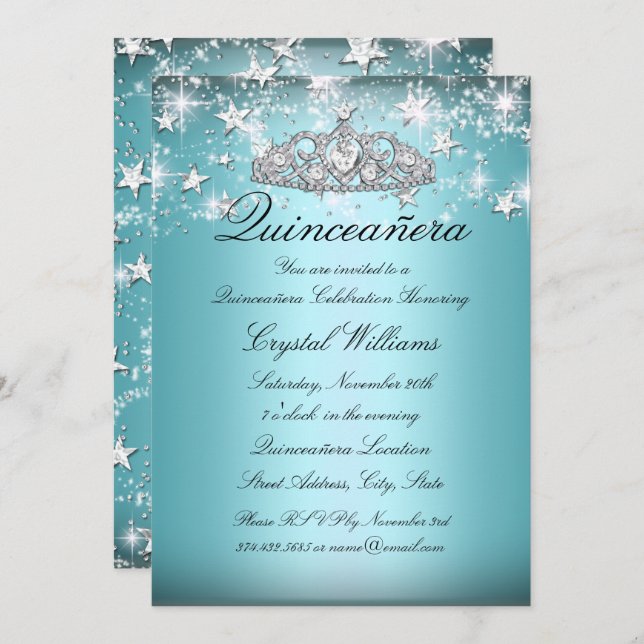Blue Sparkle Tiara Stars Quinceanera Invite (Front/Back)