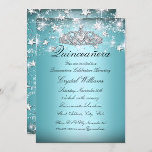 Blue Sparkle Tiara Stars Quinceanera Invite
