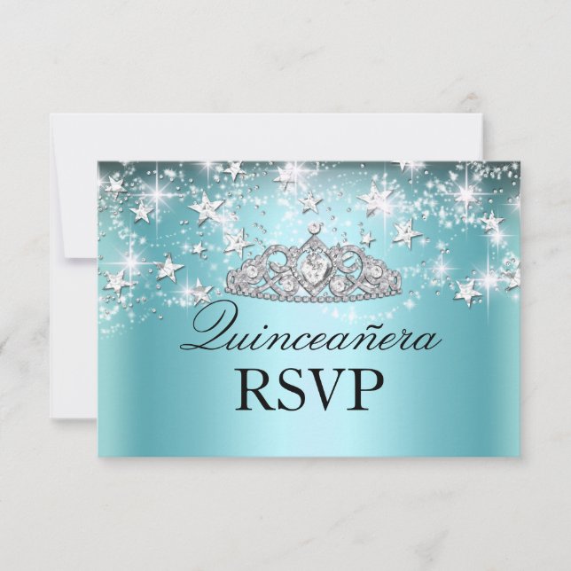 Blue Sparkle Tiara & Stars Quinceanera RSVP Card (Front)