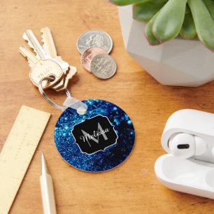 Blue sparkles Abstract Frozen bubbles Monogram Key Ring