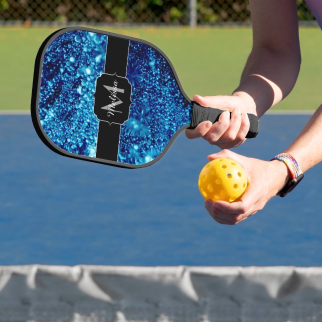 Blue sparkles Abstract Frozen bubbles Monogram Pickleball Paddle (Insitu)