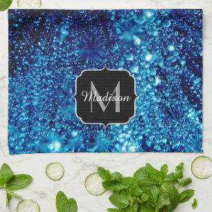 Blue sparkles Abstract Frozen bubbles Monogram Tea Towel