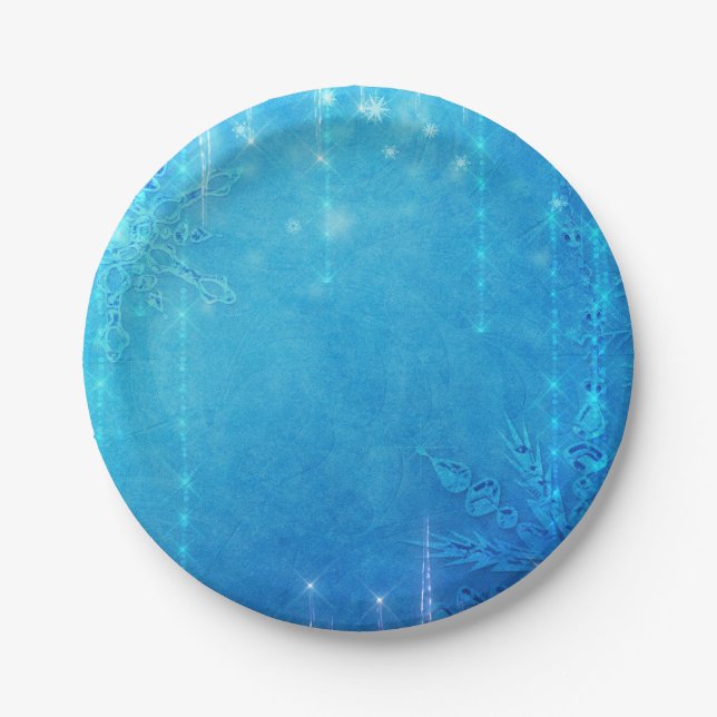 Blue Sparkling Frozen Ice Winter Bridal Shower Paper Plate (Front)