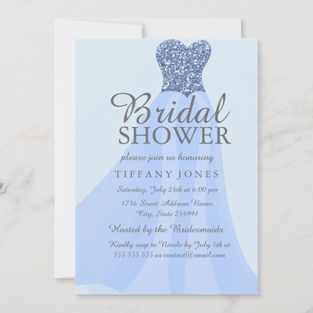 Blue Sparkling Glitter Dress Bridal Shower Invite (Front)