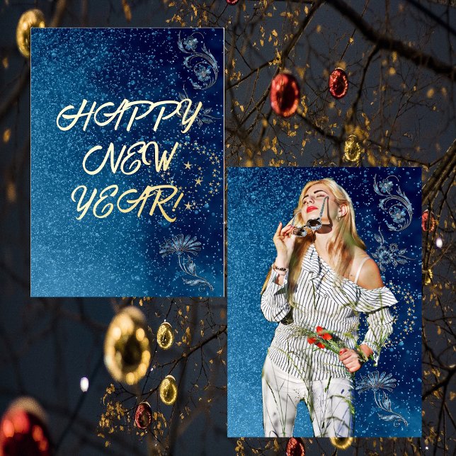 Blue Sparkling Happy New Year Girlfriend Photo  Foil Holiday Card (Blue Sparkling Happy New Year Girlfriend Photo Foil Holiday Card)