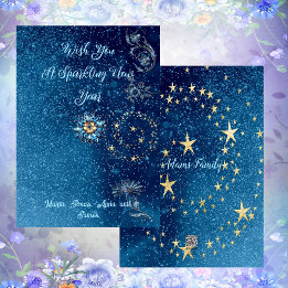 Blue Sparkling New Year Glitter Cheer Stars Floral Holiday Card