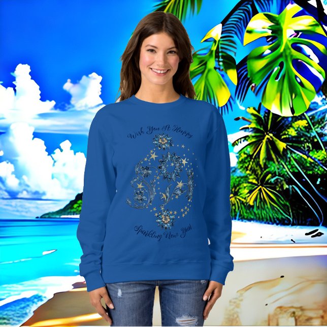 Blue Sparkling New Year Glitter Cheer Stars Floral Sweatshirt (Blue Sparkling New Year Glitter Cheer Stars Floral Sweatshirt)