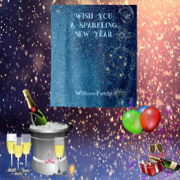 Blue Sparkling New Year Glitter Cheer Stars Floral Tapestry