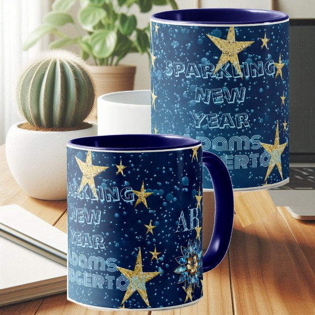 Blue Sparkling New Year Glitter Stars Floral Party Mug (Blue Sparkling New Year Glitter Stars Floral Party Mug)