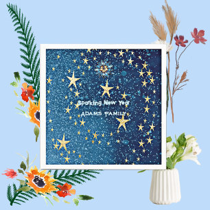 Blue Sparkling New Year Glitter Stars Floral Party Napkin