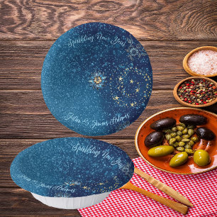 Blue Sparkling New Year Glitter Stars Floral Party Paper Plate