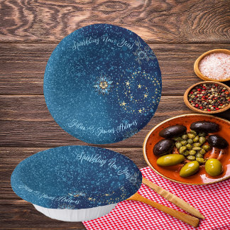 Blue Sparkling New Year Glitter Stars Floral Party Paper Plate