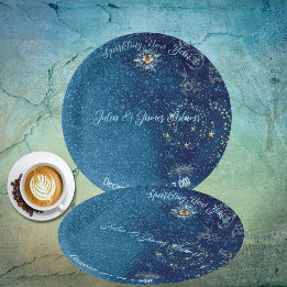 Blue Sparkling New Year Glitter Stars Floral Party Paper Plate