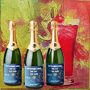 Blue Sparkling New Year Glitter Stars Floral Party Wine Label