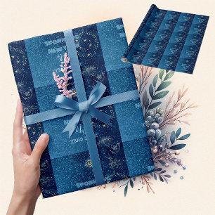 Blue Sparkling New Year Glitter Stars Floral Party Wrapping Paper
