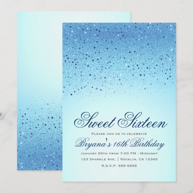 Blue Sparkly Glitter Sweet 16 Birthday Party Invitation (Front/Back)