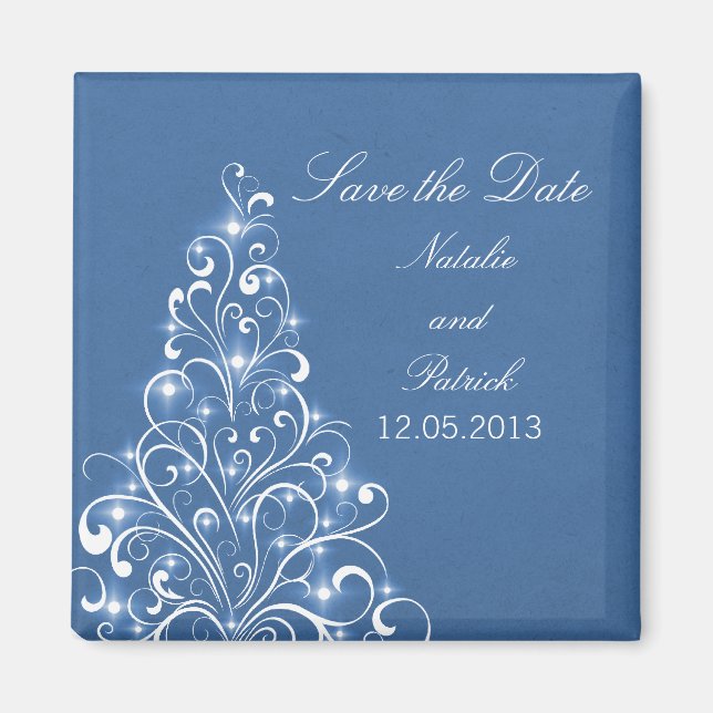 Blue Sparkly Holiday Tree Save the Date Magnet (Front)