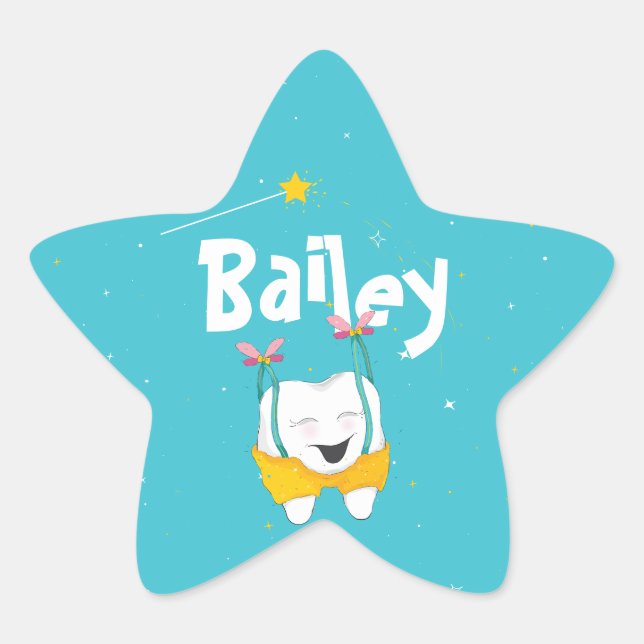 Blue Sparkly Magical Flying Tooth Personalised Star Sticker (Front)