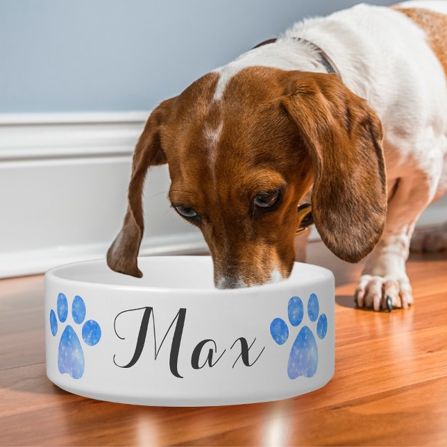 Blue Sparkly Paw Print Personalise Dog  Bowl (This dog bowl is cheerful and fun with glittery blue paw prints on either side of your pet's name!)