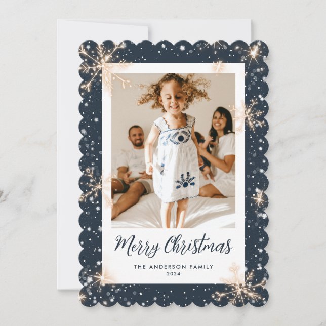 Blue Sparkly Snowflake Photo Merry Christmas Card (Front)