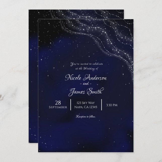 Blue Sparkly Starry Night Sky Wedding Invitation (Front/Back)
