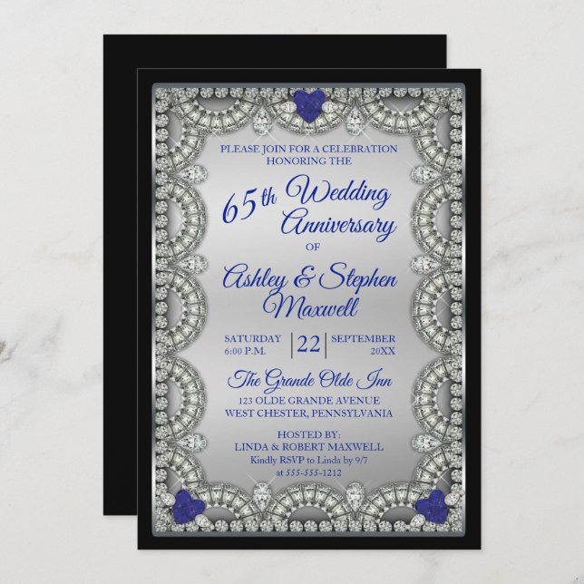 Blue Spinel Diamond 65th Wedding Anniversary Party Invitation (Front/Back)