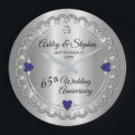 Blue Spinel Diamonds 65th Wedding Anniversary Large Clock<br><div class="desc">Opulent elegance frames this 65th wedding anniversary design in a unique scalloped diamond design with centre teardrop diamond with heart-shaped blue spinel (sapphire blue look) accents and faux added sparkles on a silver-tone gradient. Please note that all embellishments are printed and are only made to appear as real as possible...</div>