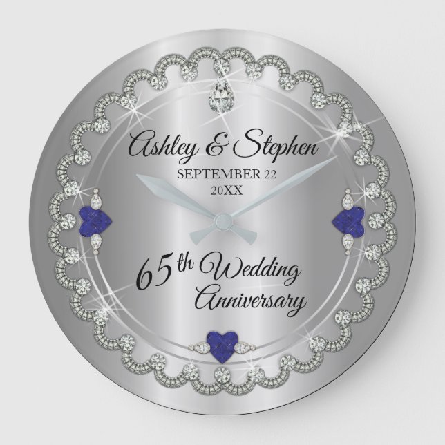 Blue Spinel Diamonds 65th Wedding Anniversary Large Clock (Front)