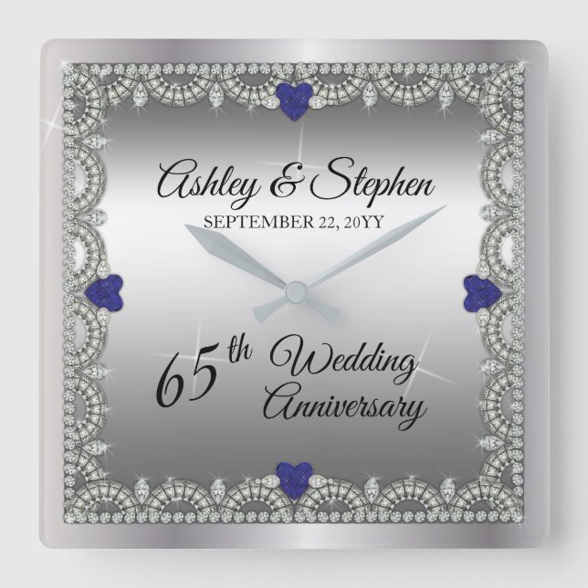 Blue Spinel | Diamonds 65th Wedding Anniversary Square Wall Clock (Front)
