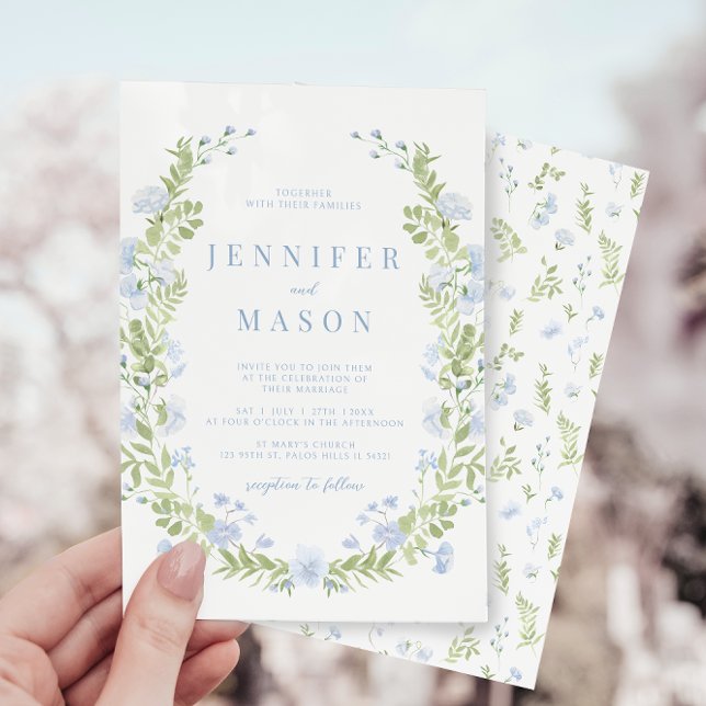 Blue sping flowers greenery wedding invitation (Creator Uploaded)