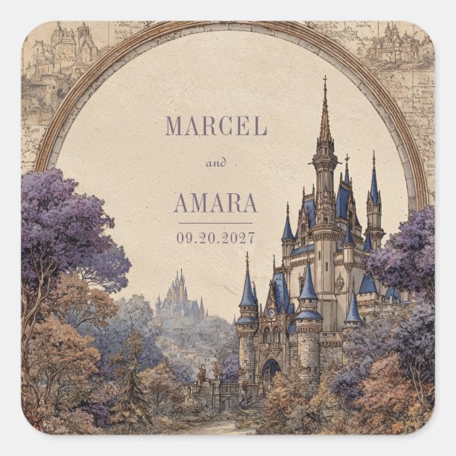 Blue Spire Castle Arch Frame Vintage Wedding Square Sticker (Front)